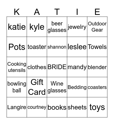 Katie's Bridal Bingo Card