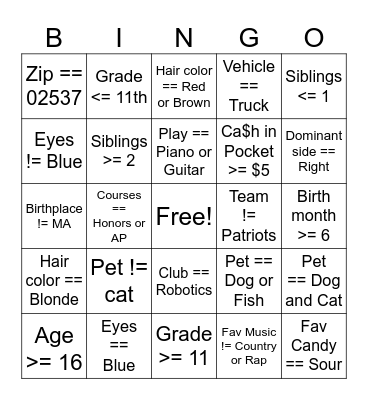 APCSP Boolean Bingo Card