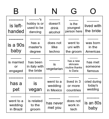 Get 5 names in a row or column! Bingo Card