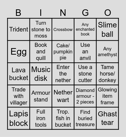Minecraft bingo #1 - Do/Get Bingo Card