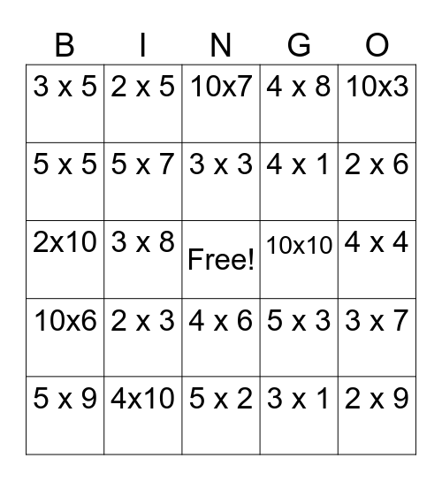 Multiplication BINGO Card