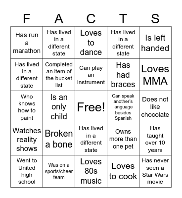 Facts bingo Card