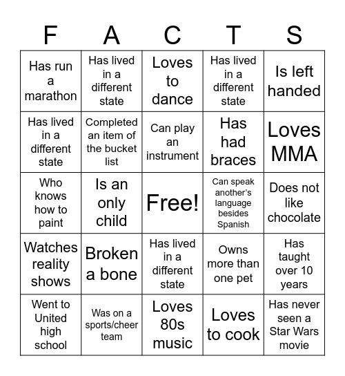 Facts bingo Card