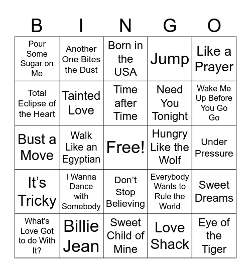 80's SINGO Bingo Card