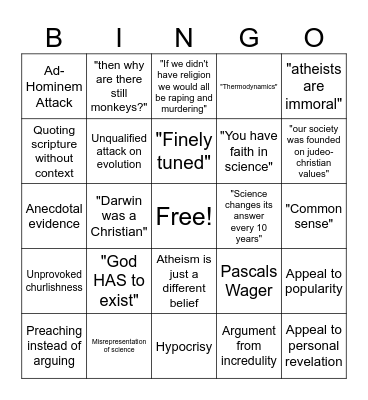 Shitty Theist Bingo Card