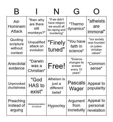 Shitty Theist Bingo Card