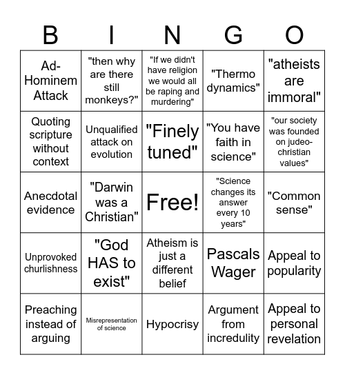 Shitty Theist Bingo Card
