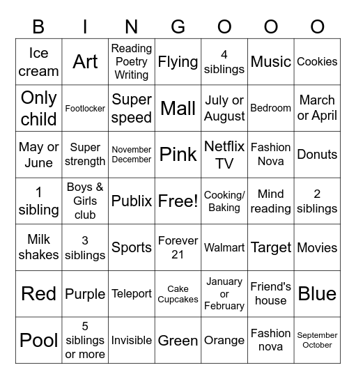All About Me Bingo Card