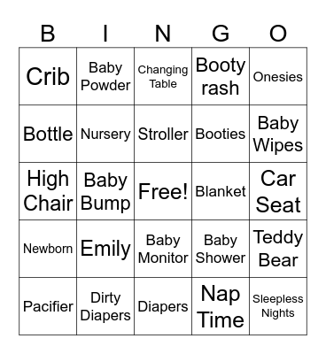 Emily's Baby Shower Bingo Card