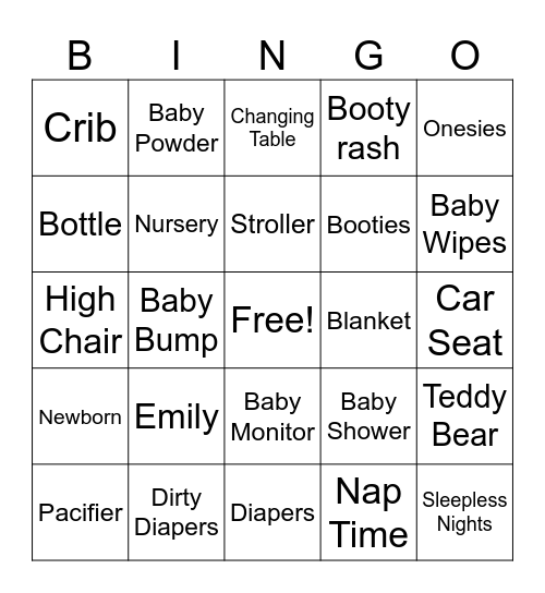 Emily's Baby Shower Bingo Card