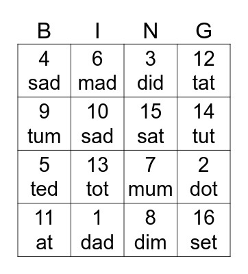 Phonics bingo Card