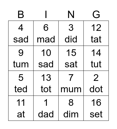 Phonics bingo Card