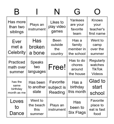 First Day of School Bingo Card