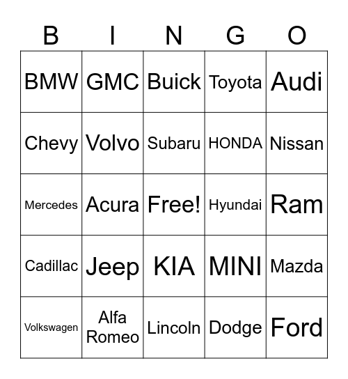 AutoNation Subaru Used Car Bingo Board Bingo Card