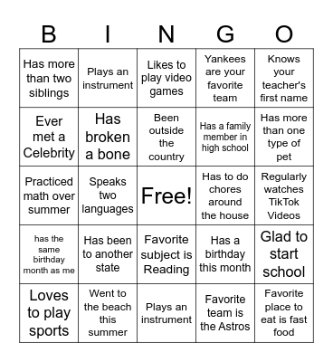 First Day of School Bingo Card