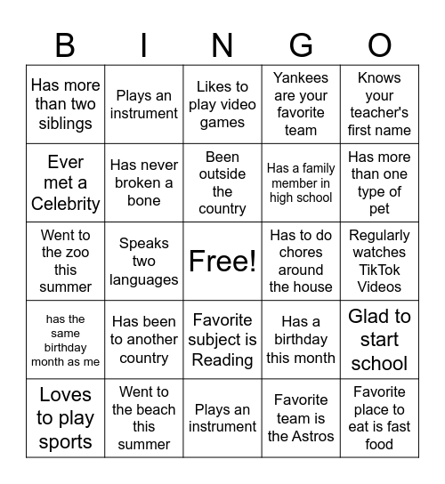 First Day of School Bingo Card