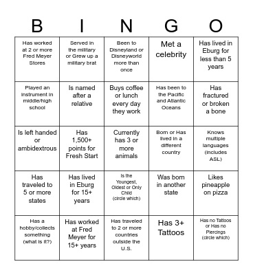 ☆Get to know your Co-workers☆ Bingo Card