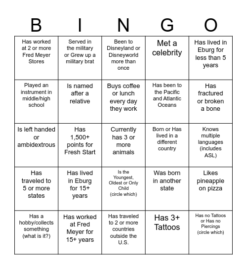 ☆Get to know your Co-workers☆ Bingo Card