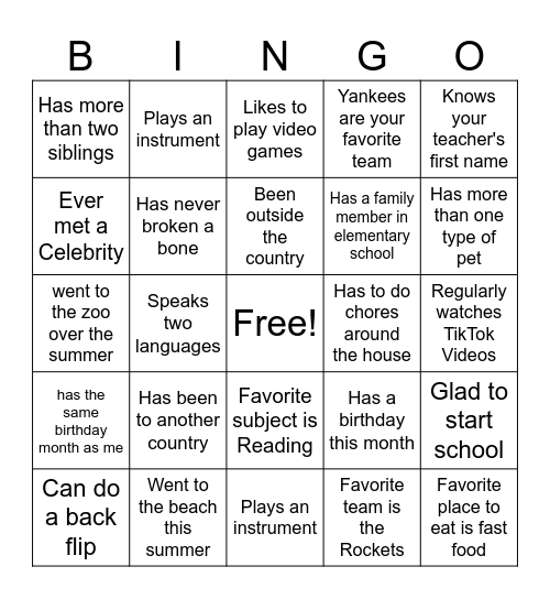 First Day of School Bingo Card