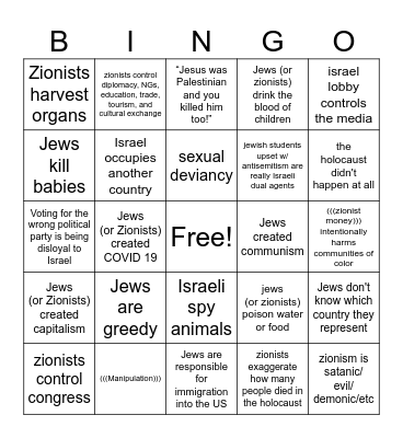 Antisemitism Bingo Card
