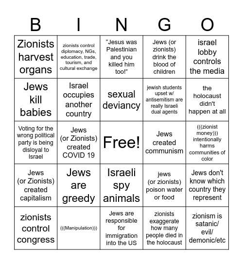 Antisemitism Bingo Card
