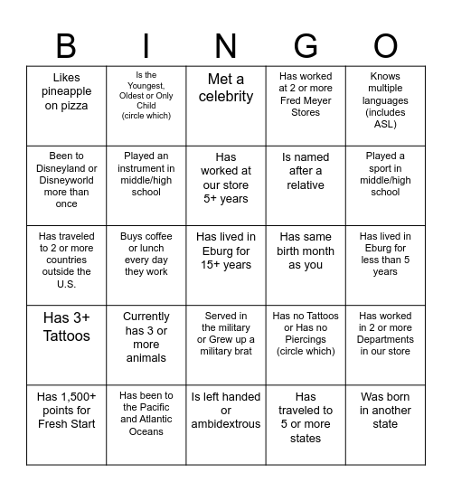 ☆Get to know your Co-workers☆ Bingo Card