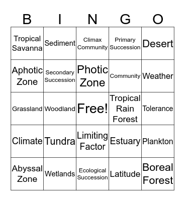 Biomes Bingo Card