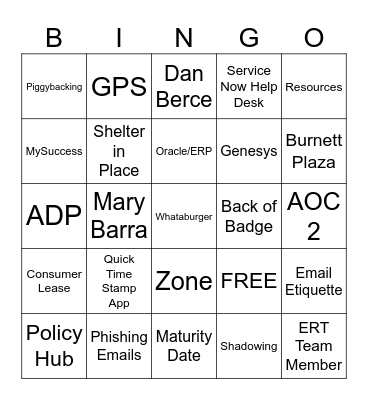 New Hire Bingo Card