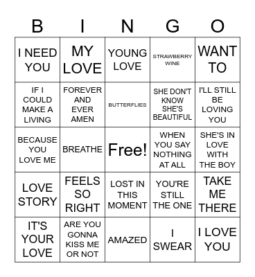 Round One: Country Love Songs Bingo Card
