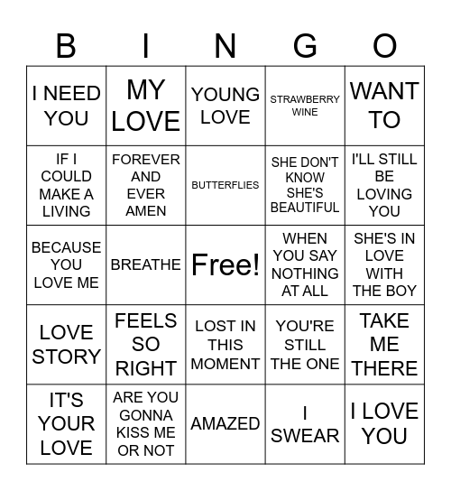 Round One: Country Love Songs Bingo Card