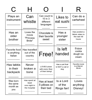 Get to know your choir peeps! Bingo Card