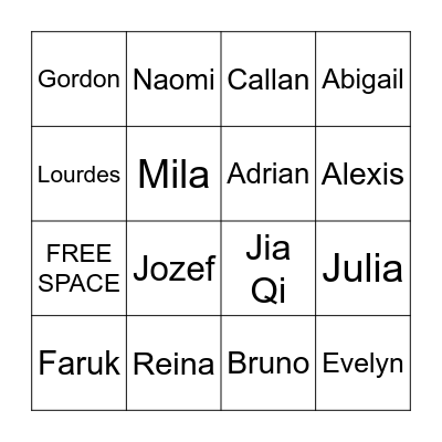 NAME BING Bingo Card