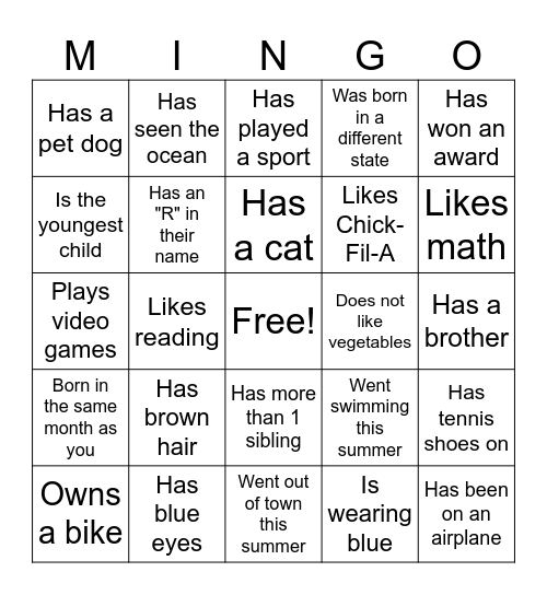 First Day of School MINGO Bingo Card