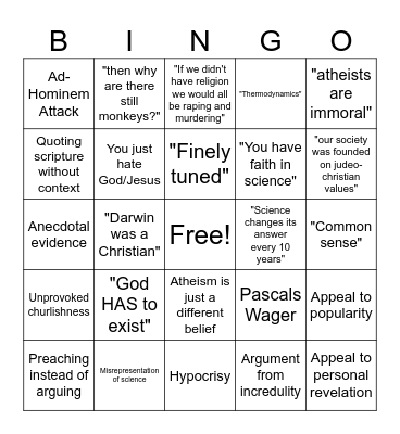 Shitty Theist Bingo Card