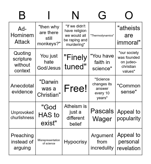 Shitty Theist Bingo Card