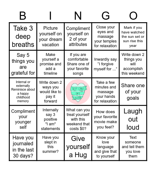 Self-care Bingo Card