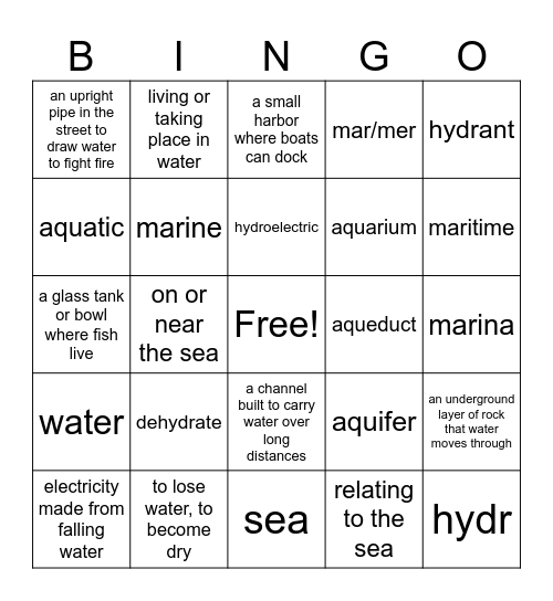 Vocabulary Unit #1 Bingo Card