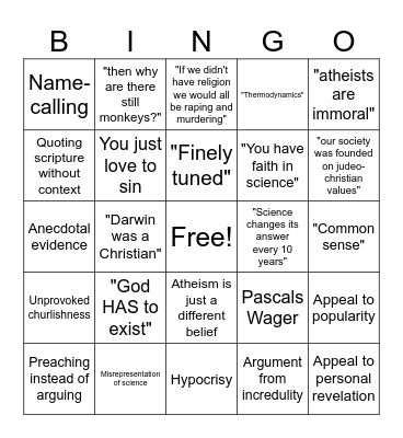Shitty Theist Bingo Card