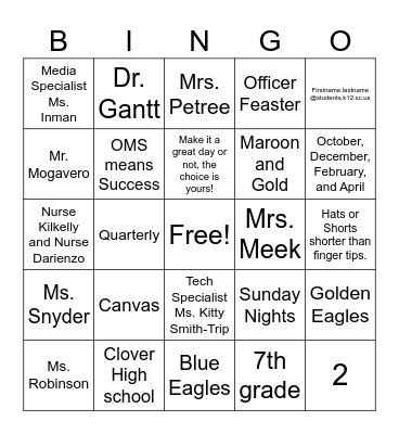OMS New Student Bingo Card