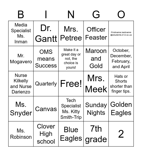 OMS New Student Bingo Card