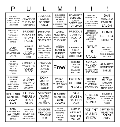 Pulm Front Desk Bingo Card