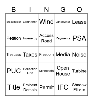 Wind Farm Bingo Card