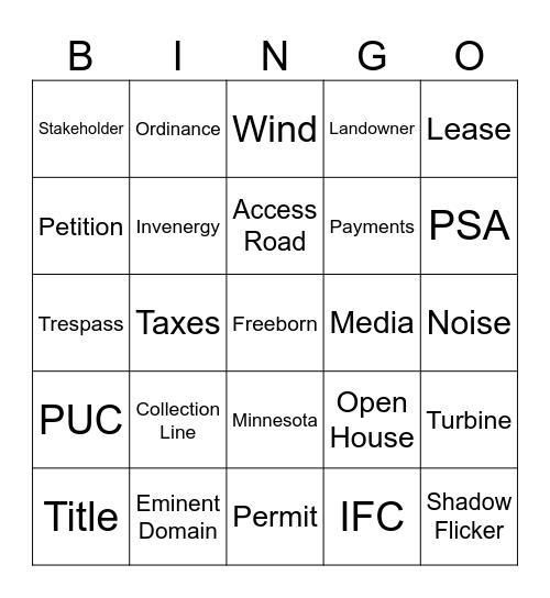 Wind Farm Bingo Card