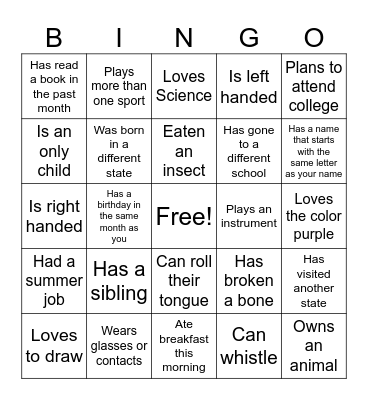 Back To School Bingo Card