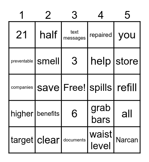 Tobacco / Vaping Prevention | Tobacco Cessation | Hurricane Preparedness | Reducing Fall Risk | Medication Management Bingo Card