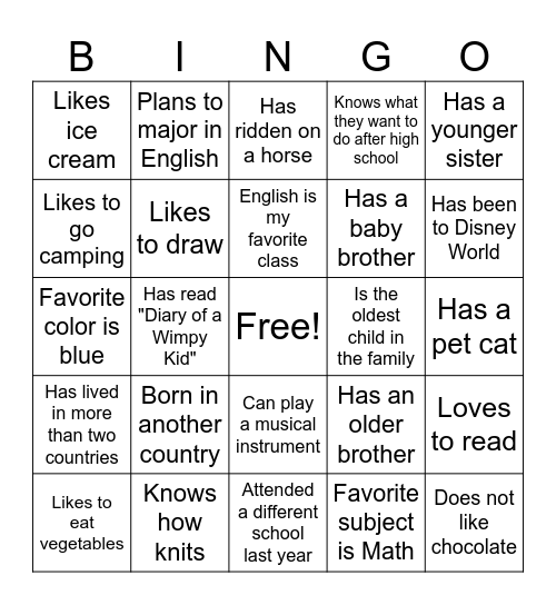 Classmate Bingo Card