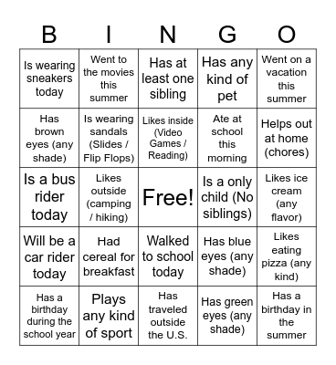 All About Me Bingo Card