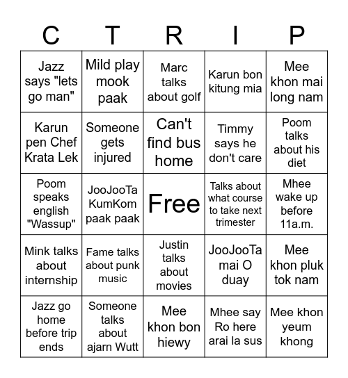 CT Trip Bingo Card