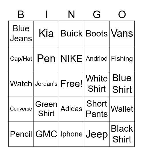 Automotive Bingo Card