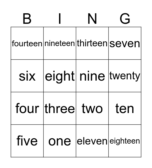 NUMBER BINGO Card